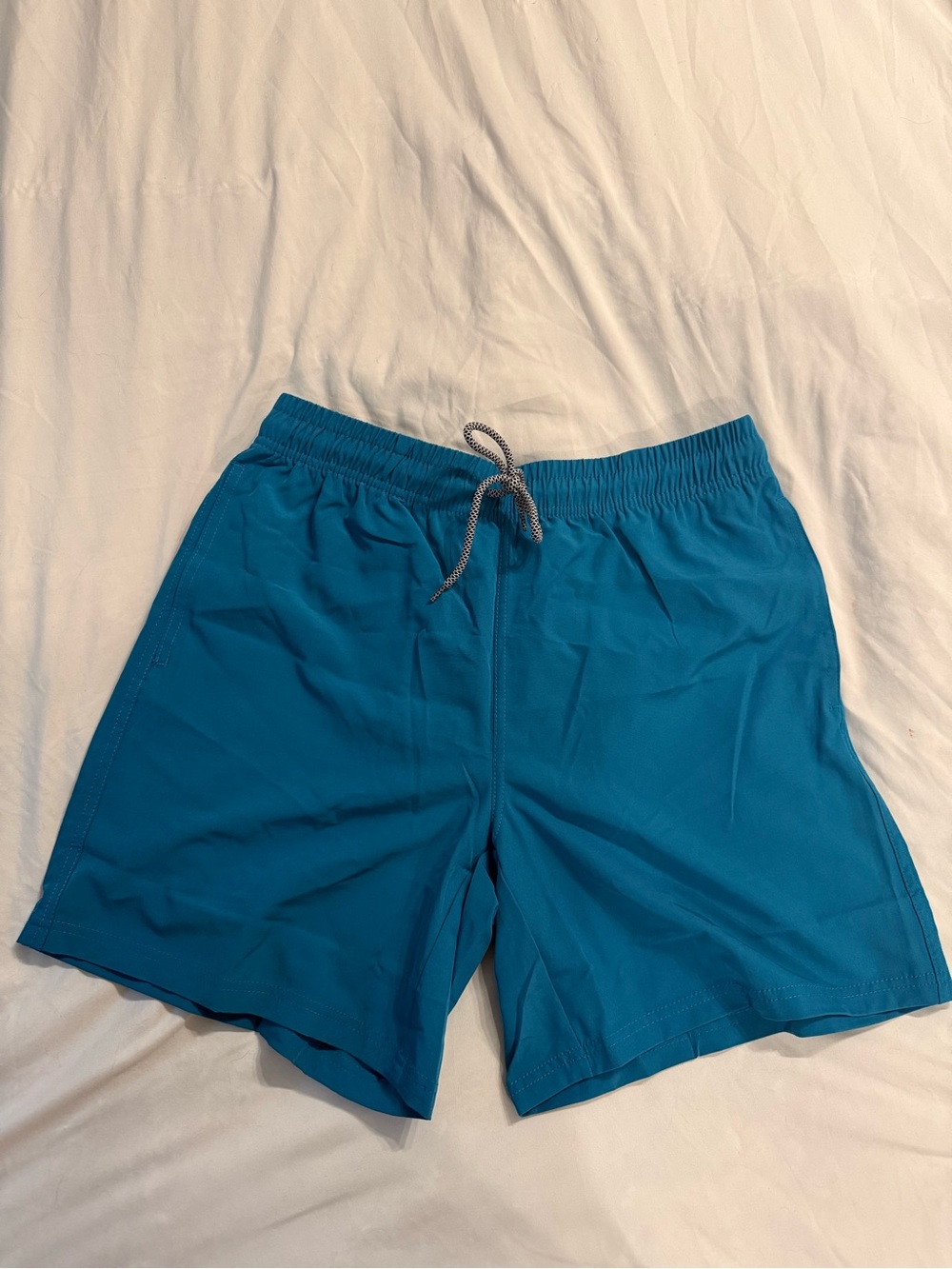 Men's Teal Blue Swim Trunks - Elastic Waist with Black and White Drawstring